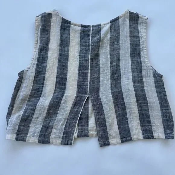 Osei Duro Womens Crop Linen Like Tank Split Back Wide Stripes Small Garmentory - Picture 5 of 5